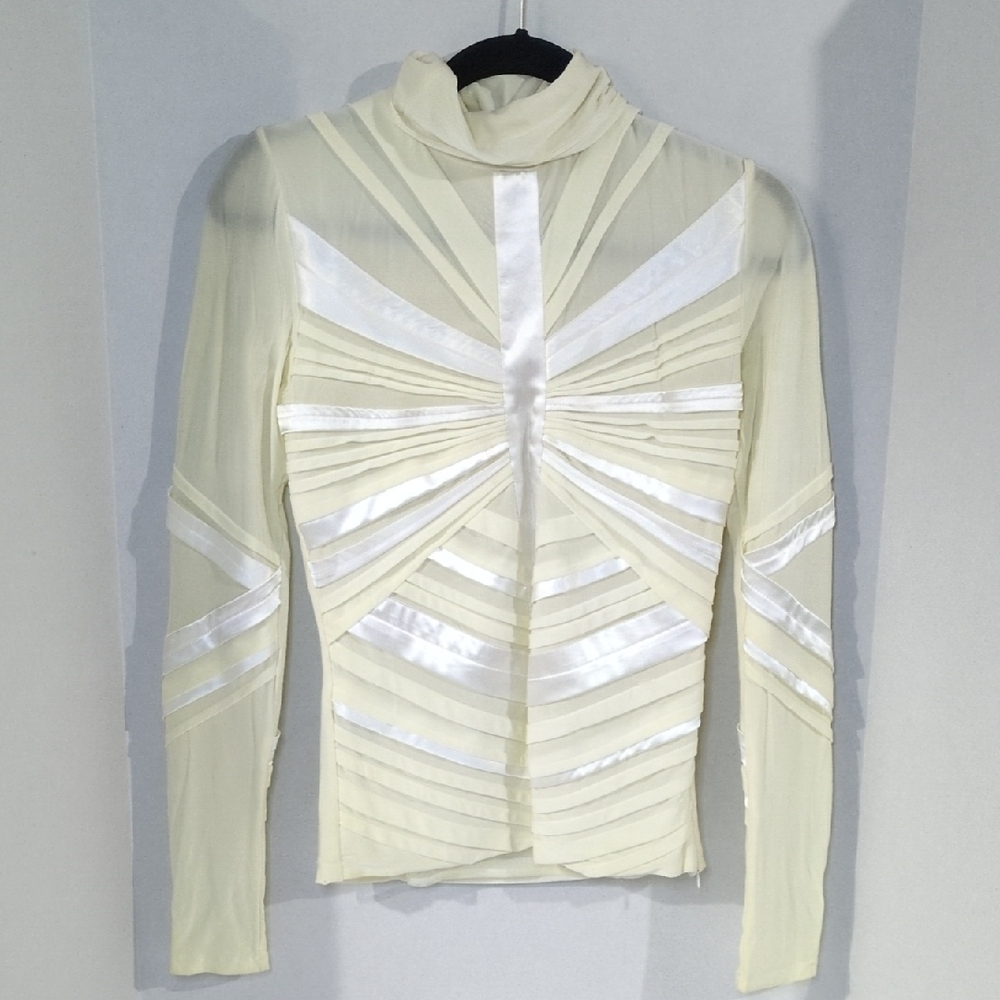 Pleated Ruched High Mock Neck Pintuck Geometric Cream Long Sleeve Fitted Acetate